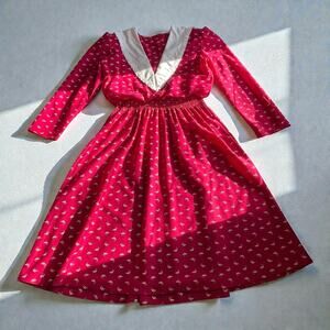 Vintage Leni Prairie Dress Red Print Lace Collar Made USA Cottagecore Midi
